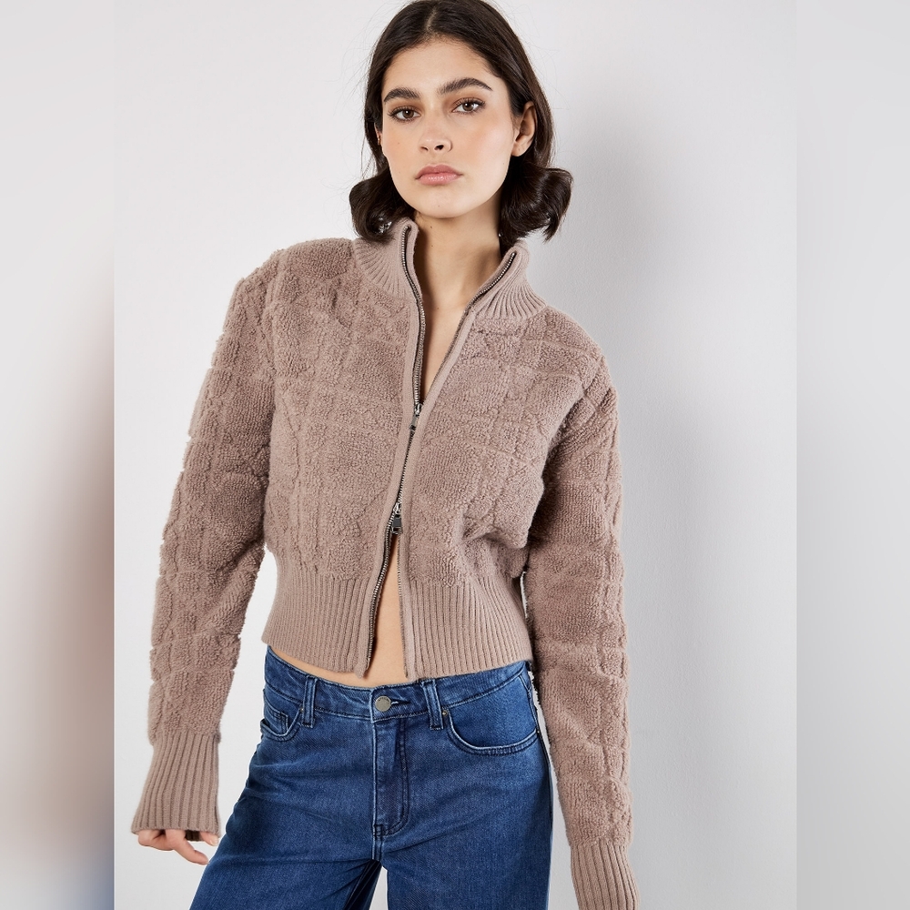 High Neck Looped Textured Zip Jacket